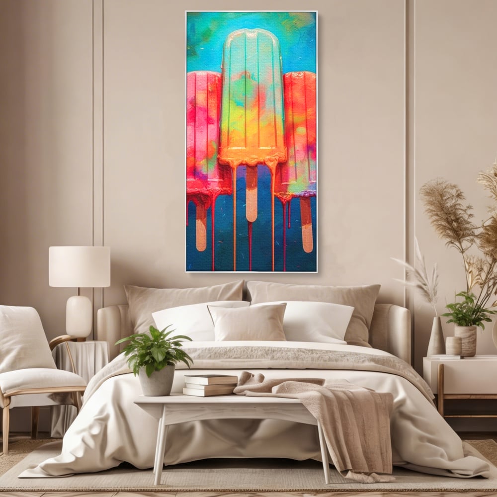 Tablou canvas cu pictura digitala cu trei inghetate pe bat colorate, in rama de aluminiu argintiu, pe perete intr-un dormitor
